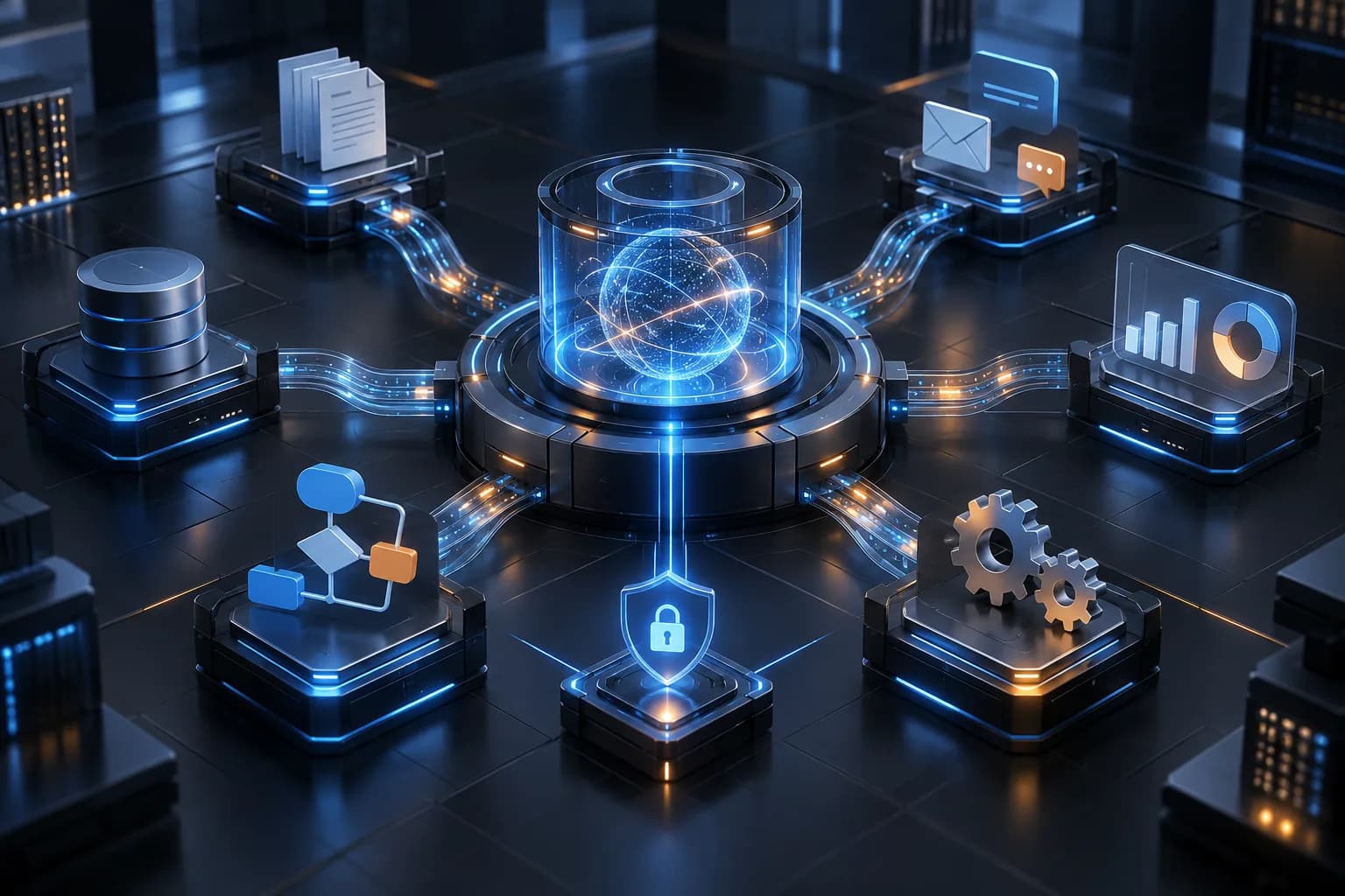 Enterprise AI orchestration core connecting intelligent agents, analytics, documents, and automated workflows